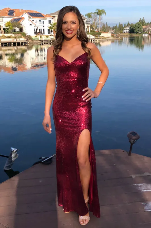 Glittery V-Neck Mermaid Long Burgundy Prom Dress sold by KissProm