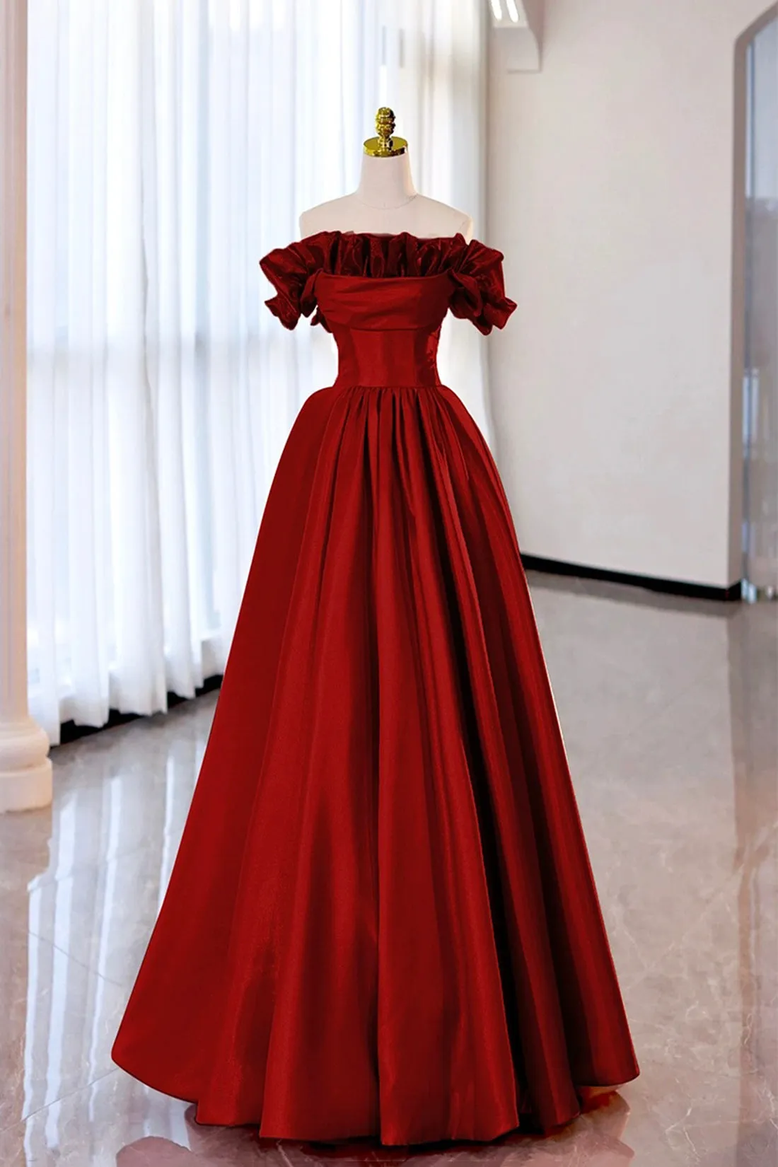 Milan | Burgundy Strapless Satin Long Prom Dress, A-Line Evening Party Dress sold by KissProm