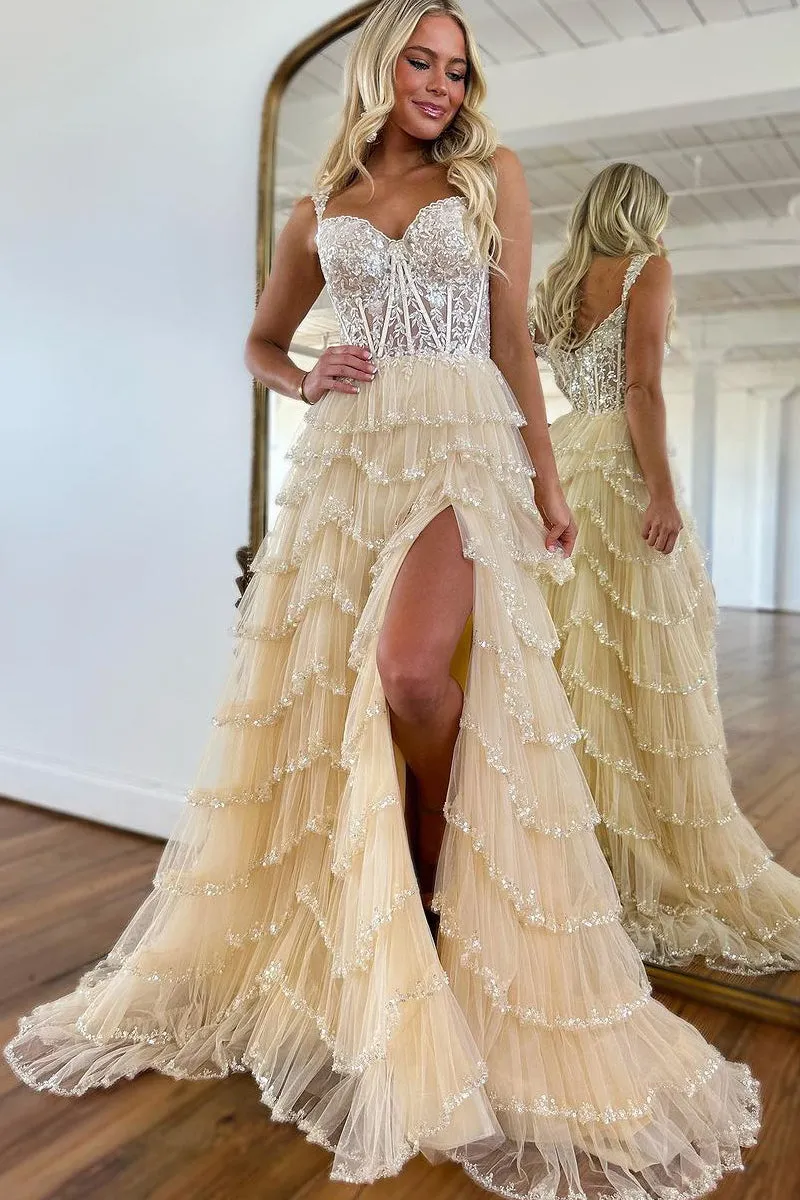 Scout | A-Line Sweetheart Champagne Tulle Prom Dresses with Appliques sold by KissProm