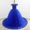Royal Blue Lace Off the Shoulder Quinceanera Dresses with Flowers sold by KissProm