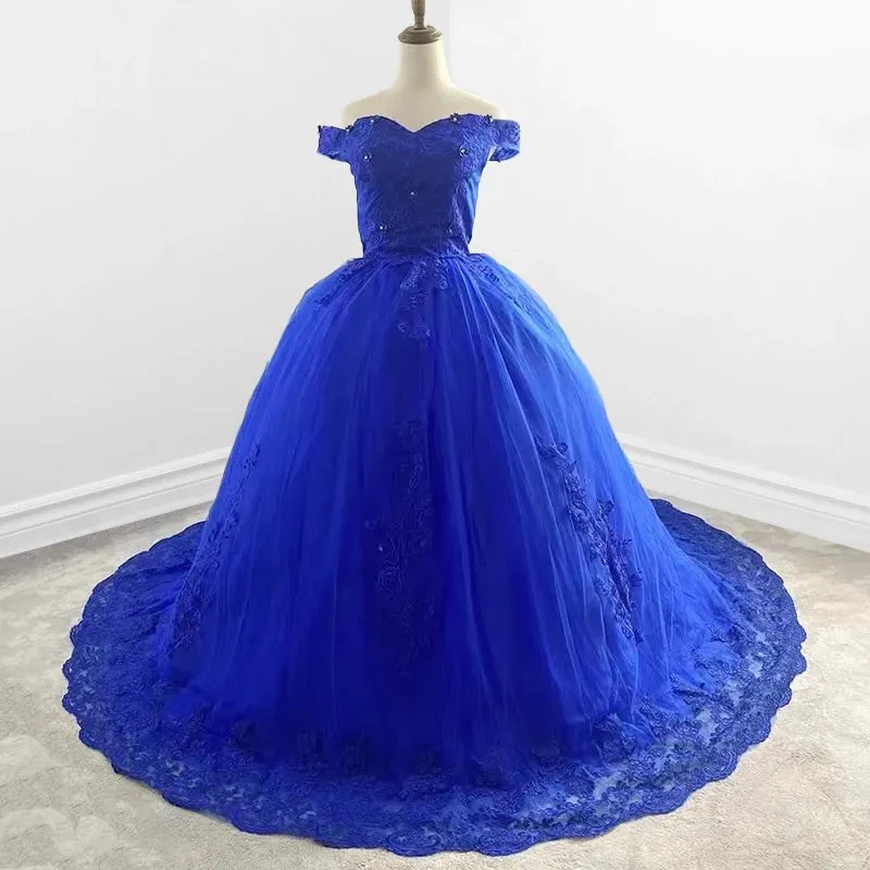 Royal Blue Lace Off the Shoulder Quinceanera Dresses with Flowers sold by KissProm product image thumbnail 2