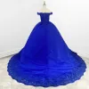 Royal Blue Lace Off the Shoulder Quinceanera Dresses with Flowers sold by KissProm