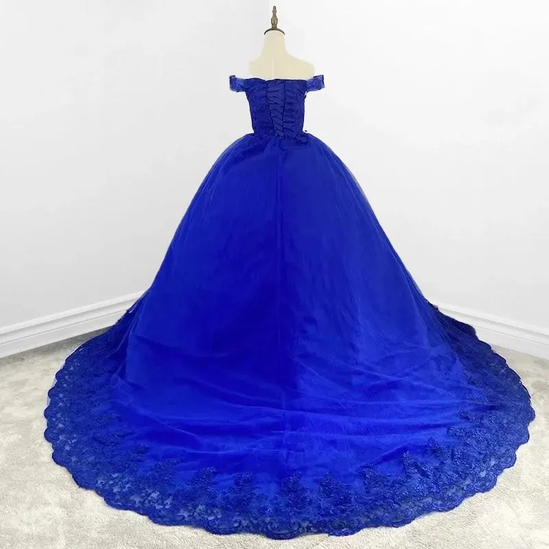 Royal Blue Lace Off the Shoulder Quinceanera Dresses with Flowers sold by KissProm product image thumbnail 3