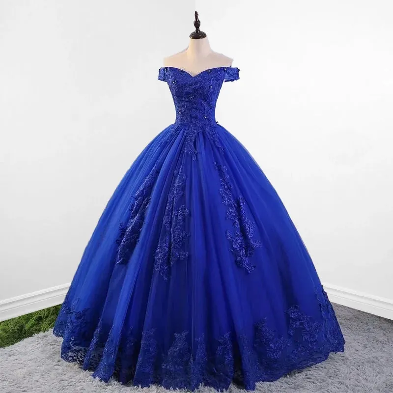 Royal Blue Lace Off the Shoulder Quinceanera Dresses with Flowers sold by KissProm