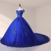 Royal Blue Lace Off the Shoulder Quinceanera Dresses with Flowers sold by KissProm