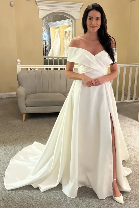 Satin White Off-the-Shoulder Long Wedding Dress with Slit sold by KissProm