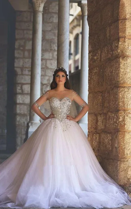 Glamorous Illusion Sweetheart Half Sleeve Tulle Beadings Ball Gown Wedding Dress sold by KissProm