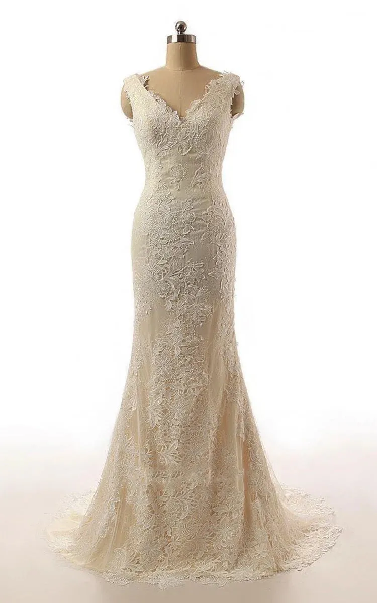 Mermaid Cap Sleeve Sweep Train Lace Wedding Dress sold by KissProm