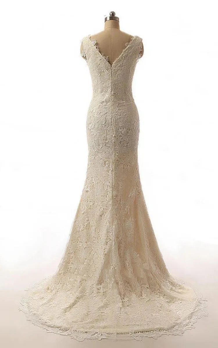 Mermaid Cap Sleeve Sweep Train Lace Wedding Dress sold by KissProm product image thumbnail 2