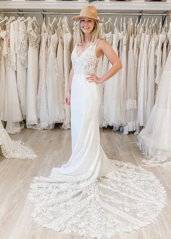 Boho Mermaid V-neck Bridal Dress with Lace Chapel Train sold by KissProm