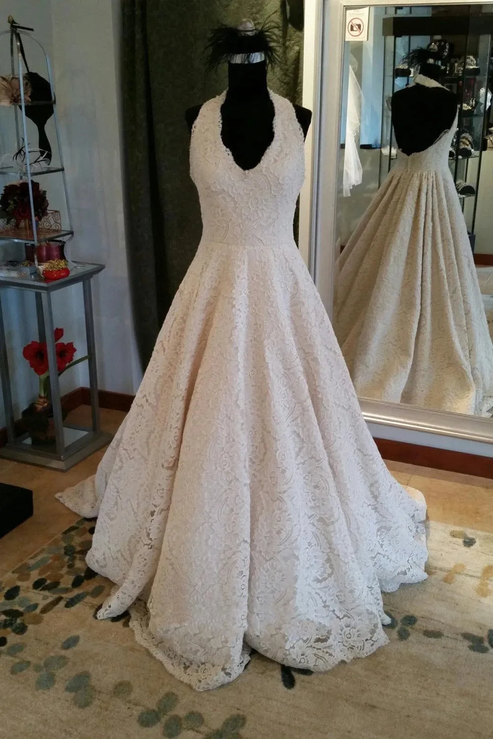 Elegant Sleeveless Pleated Lace Halter A-Line Wedding Dress sold by KissProm product image thumbnail 3