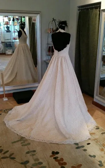 Elegant Sleeveless Pleated Lace Halter A-Line Wedding Dress sold by KissProm product image thumbnail 2