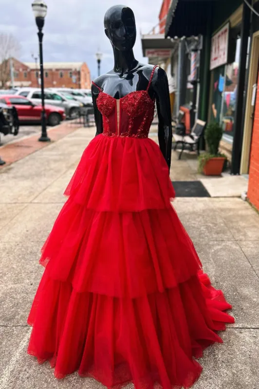 Tiered Ruffle Sequin-Embroidery Corset Long Prom Gown sold by KissProm