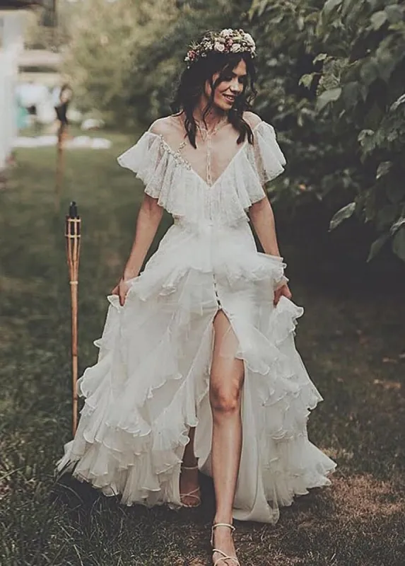 High Split A-Line See-through Short Sleeves Ruffle Tulle Wedding Dresses sold by KissProm
