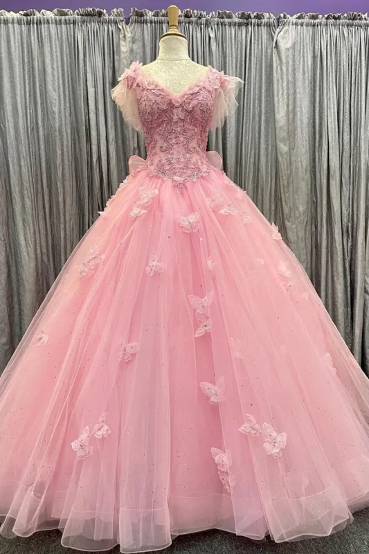 Pink Tulle 3D Floral Lace Bow-Back Quinceanera Dress with Flutter Sleeves sold by KissProm