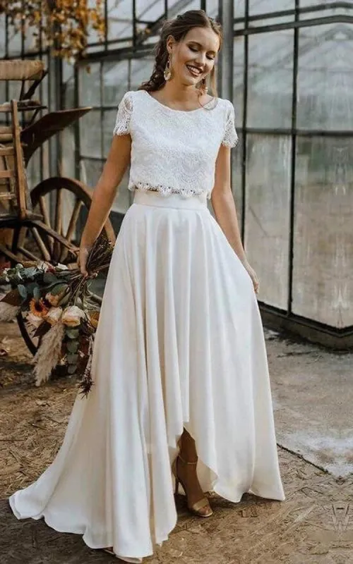 Vintage Boho Two-Piece Bateau Satin and Lace Short Sleeve Wedding Dress with Pleats and Sweep Train sold by KissProm