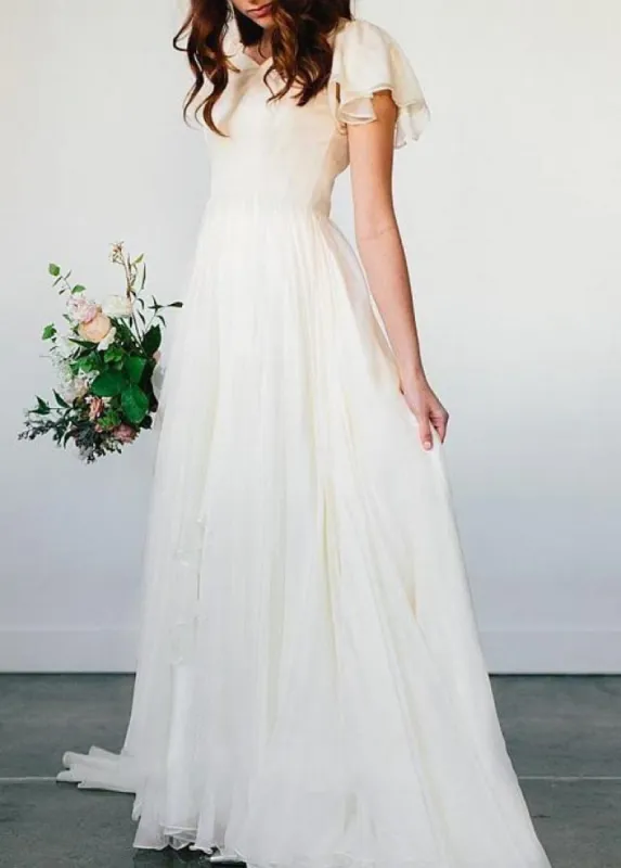 Beach Chiffon A-Line Simple White Wedding Dress with Short Sleeves sold by KissProm