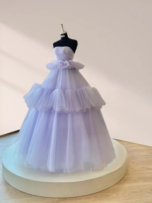 Strapless Pleated Tulle Ball Gown Tiered A Line Prom Dress Floor Length Party Dress sold by KissProm