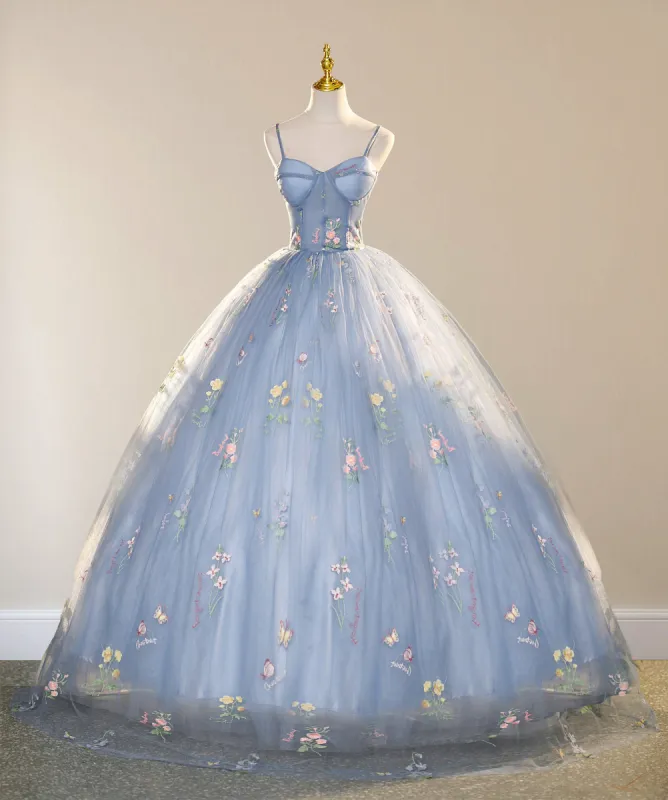 Blue Ball Gown with Scattered Little Flower Prom Dress sold by KissProm
