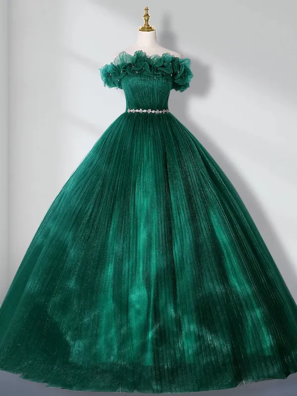 Green Off Shoulder Tulle Long Quinceanera Dresses sold by KissProm