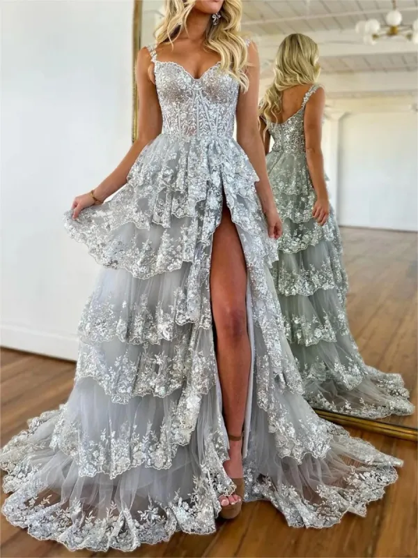 Silver Princess A Line Off the Shoulder Corset Prom Dress with Lace Ruffles sold by KissProm