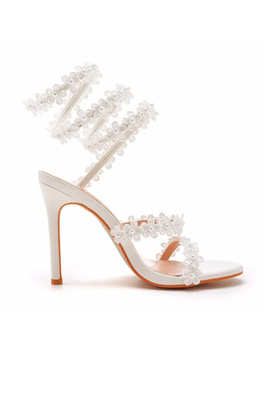 White Flower Ankle Wrap Strap Open Toe Ultra High Heels sold by KissProm
