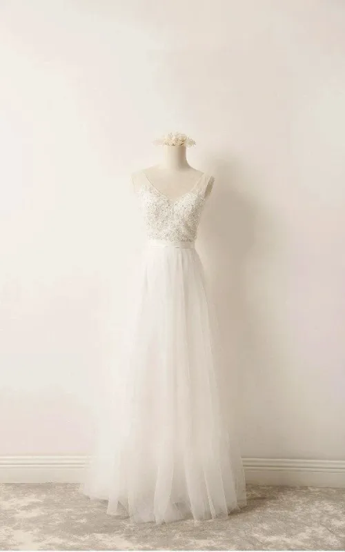 A-Line Tulle Lace V Neck Wedding Dress With Sweep Train sold by KissProm