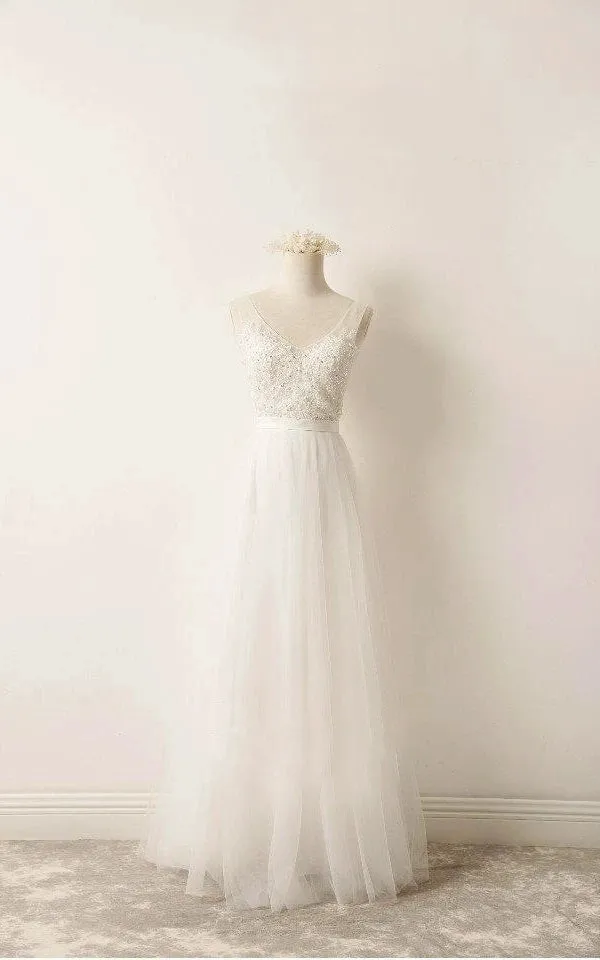 A-Line Tulle Lace V Neck Wedding Dress With Sweep Train sold by KissProm