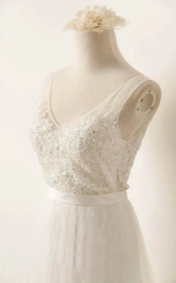 A-Line Tulle Lace V Neck Wedding Dress With Sweep Train sold by KissProm product image thumbnail 3