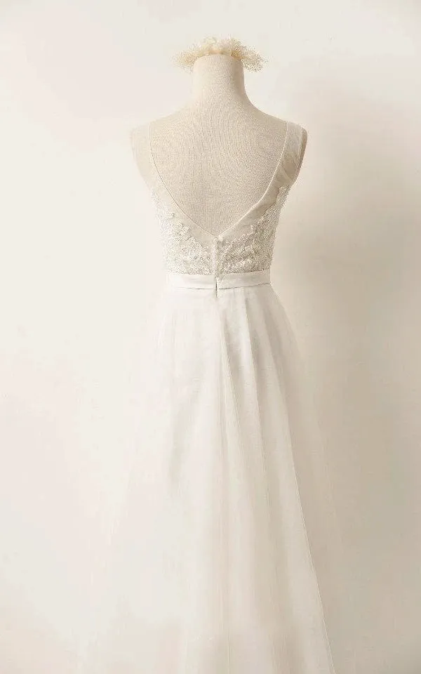 A-Line Tulle Lace V Neck Wedding Dress With Sweep Train sold by KissProm product image thumbnail 2