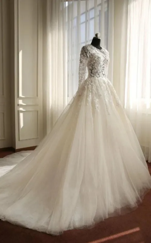 A-Line Long Sleeve Bell Beading Appliques Flower Zipper Keyhole Tulle Lace Dress sold by KissProm