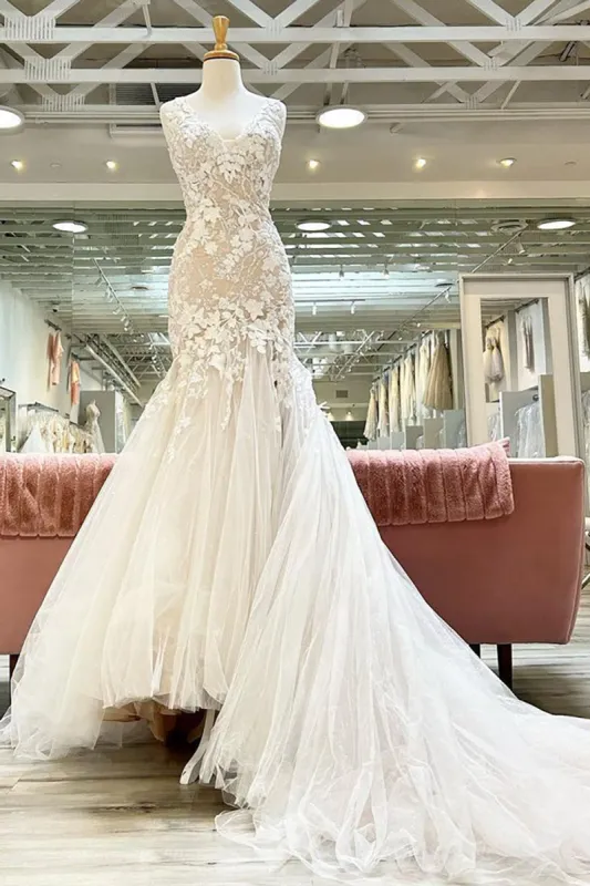 Natasha | Champagne V-Neck Asymmetrical Mermaid Wedding Dress with Appliques sold by KissProm