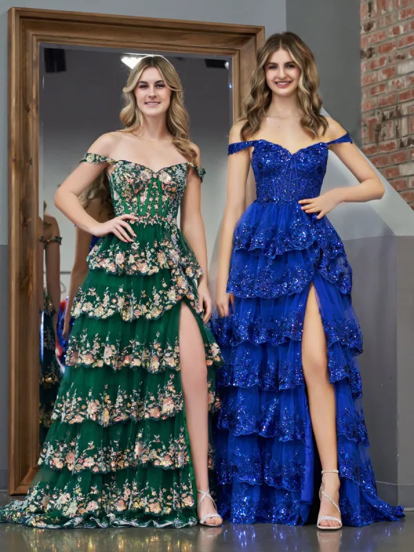 Royal Blue Princess A Line Off the Shoulder Corset Prom Dress with Lace Ruffles sold by KissProm