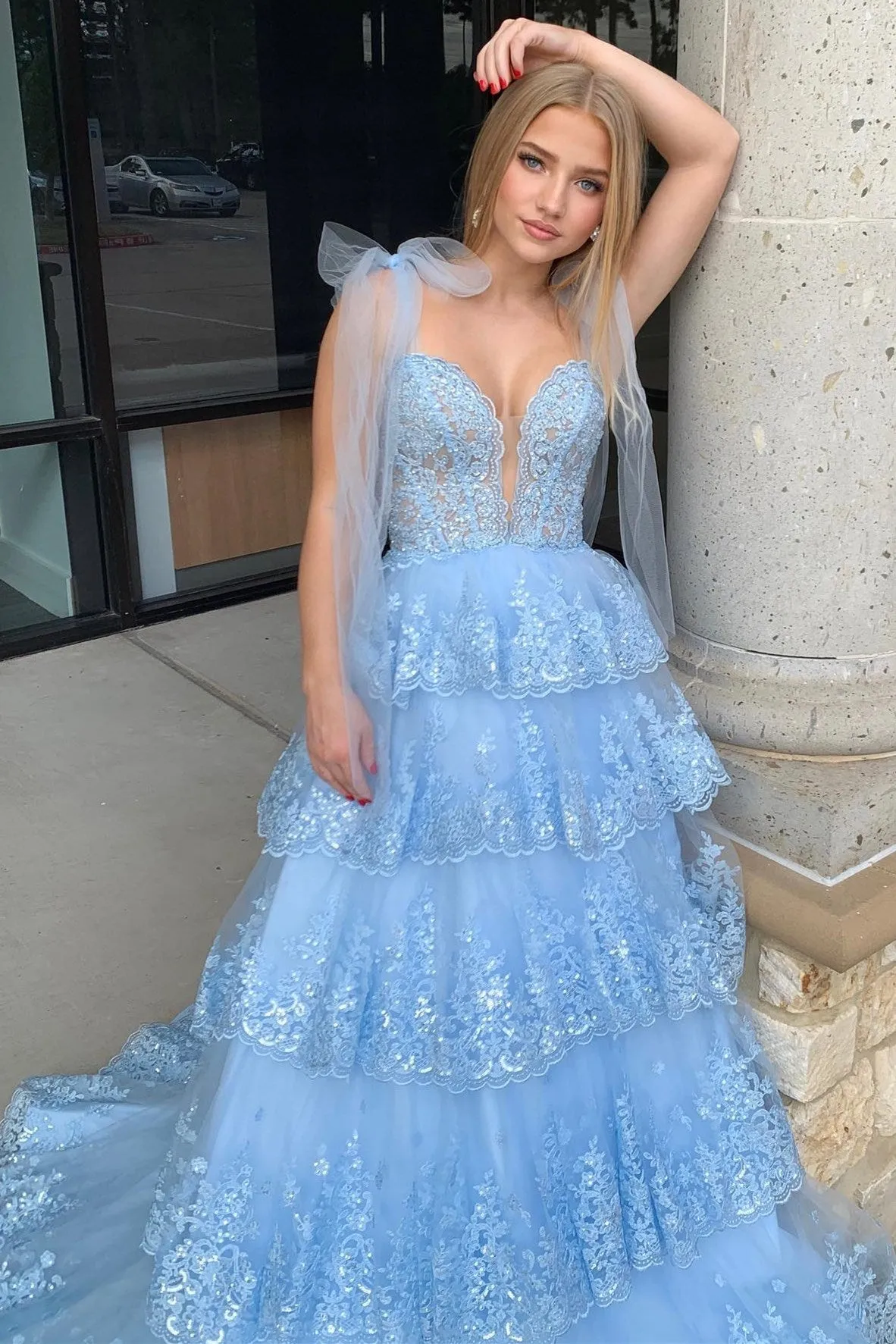 Thelma | Light Blue Tulle Appliques Tying Strap Ruffle Tiered Long Prom Dress sold by KissProm