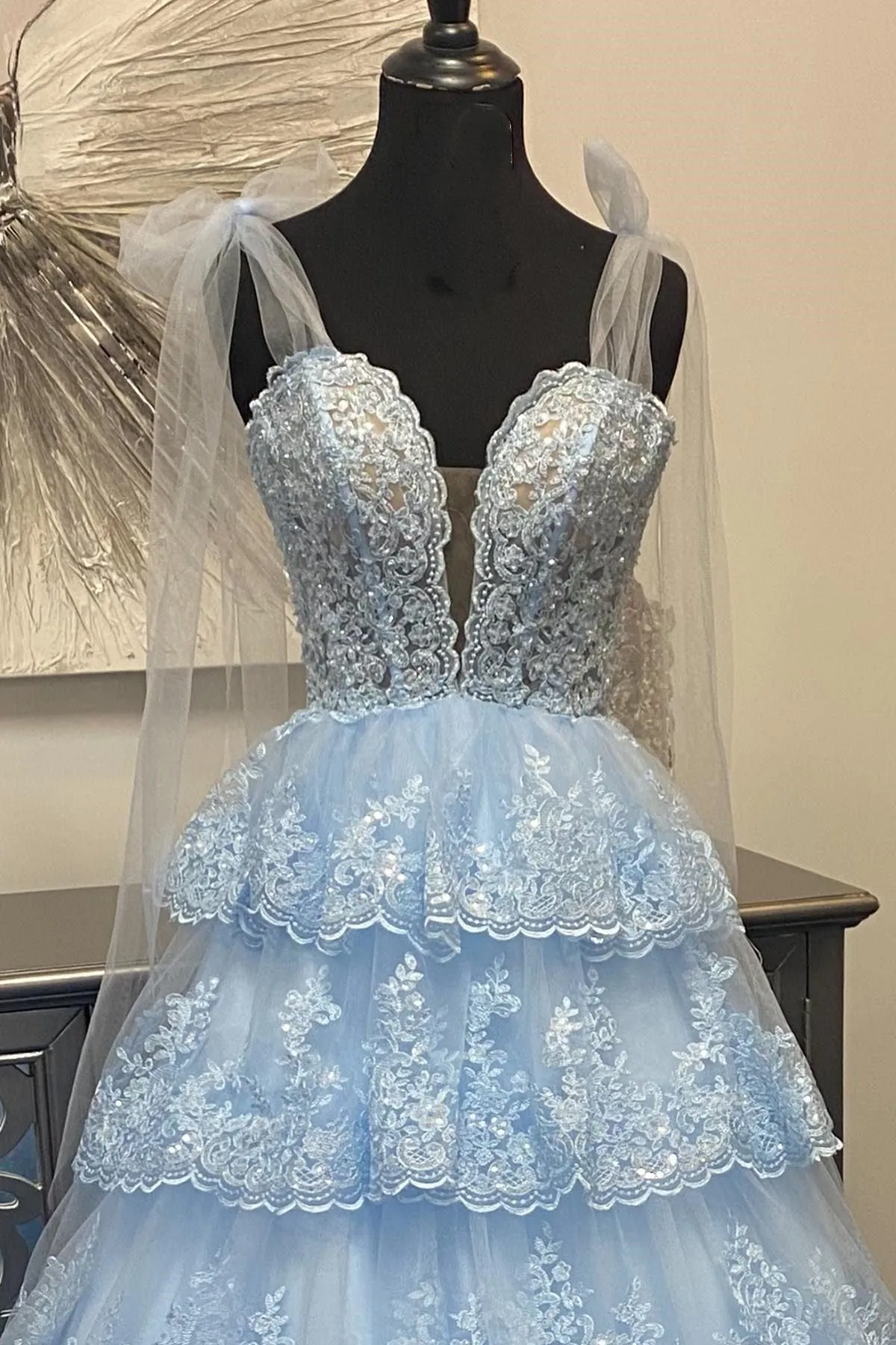 Thelma | Light Blue Tulle Appliques Tying Strap Ruffle Tiered Long Prom Dress sold by KissProm product image thumbnail 5