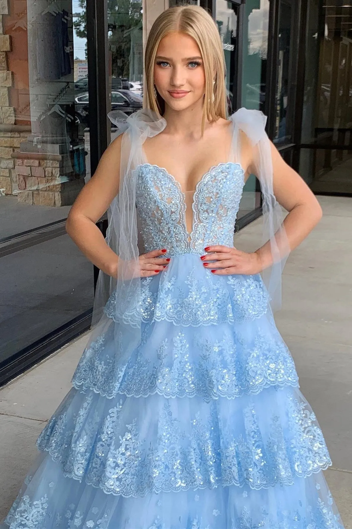 Thelma | Light Blue Tulle Appliques Tying Strap Ruffle Tiered Long Prom Dress sold by KissProm product image thumbnail 2