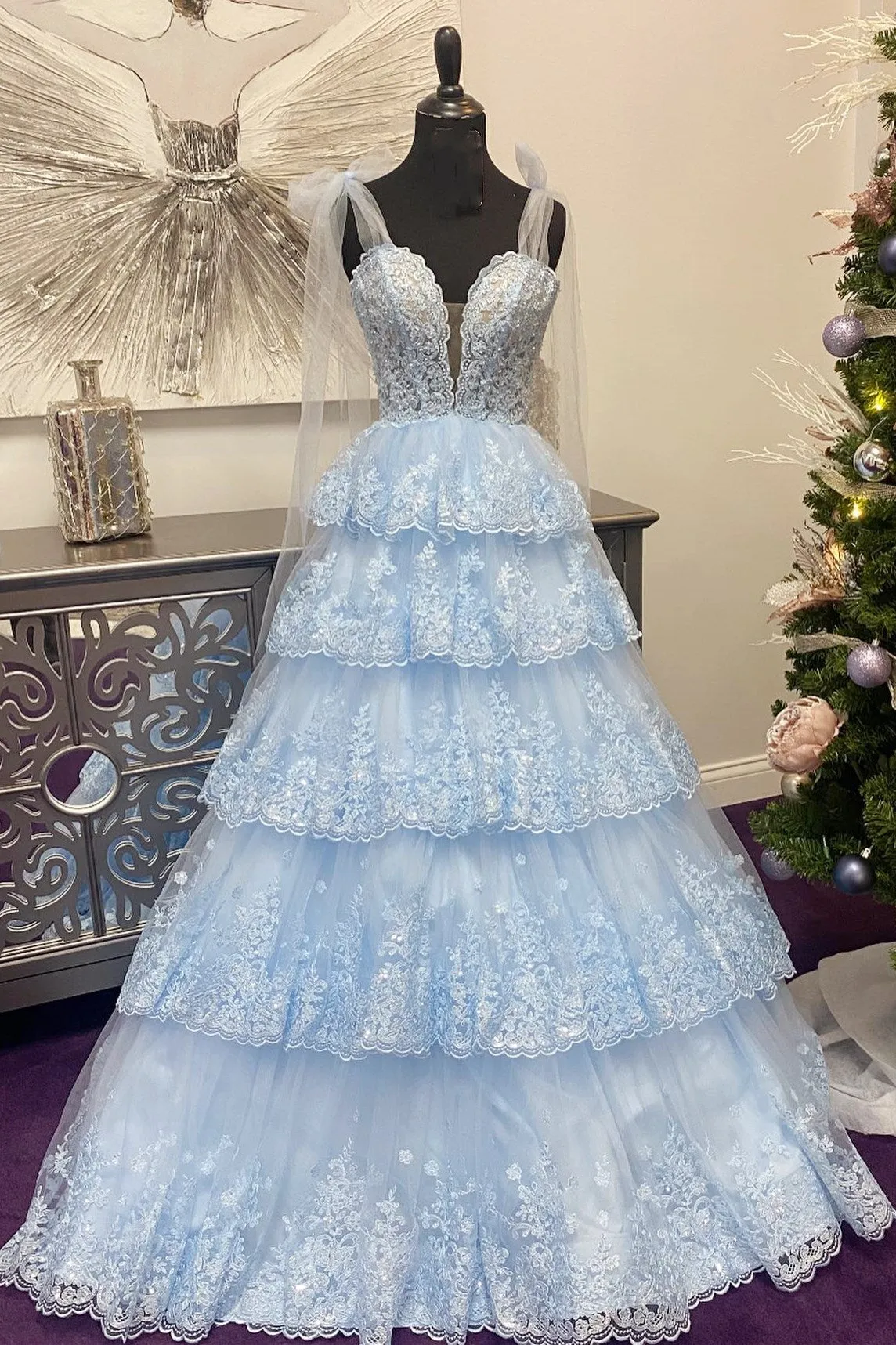 Thelma | Light Blue Tulle Appliques Tying Strap Ruffle Tiered Long Prom Dress sold by KissProm product image thumbnail 4