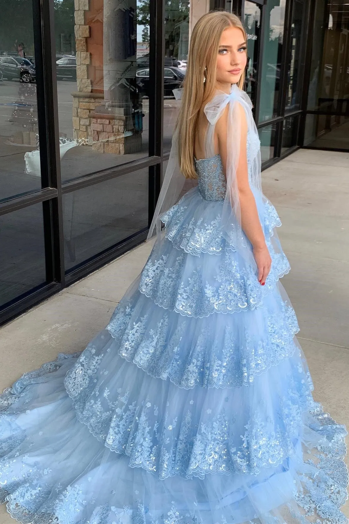 Thelma | Light Blue Tulle Appliques Tying Strap Ruffle Tiered Long Prom Dress sold by KissProm product image thumbnail 3