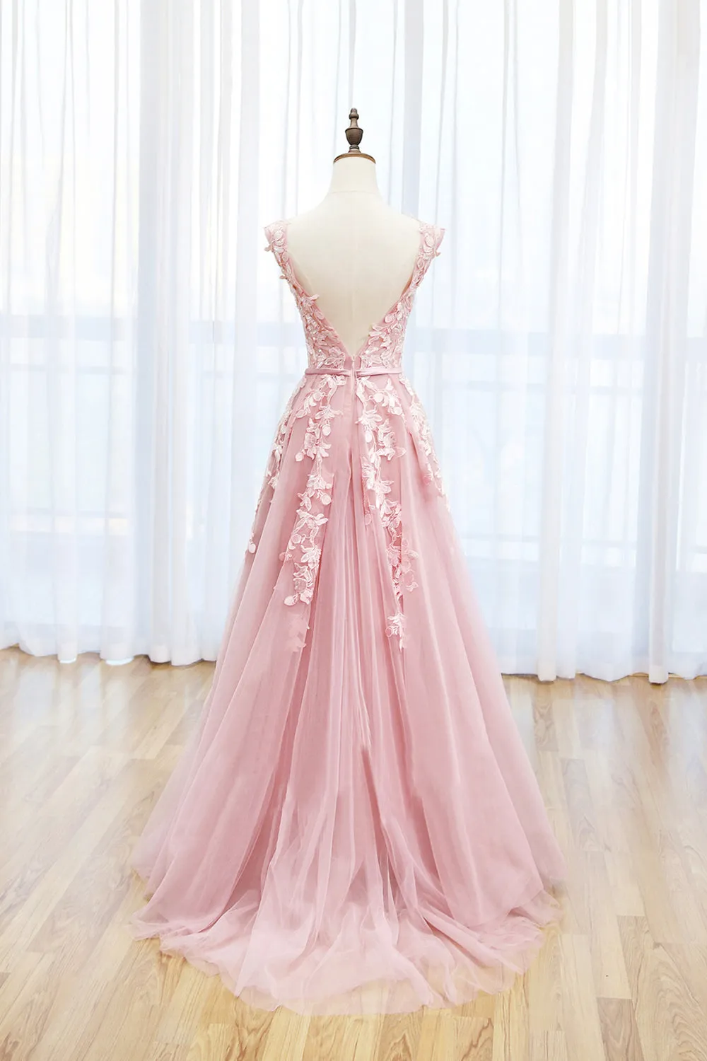 Irene | Pink Tulle Lace Long Prom Dress, Lovely A-Line Open Back Evening Dress sold by KissProm product image thumbnail 2