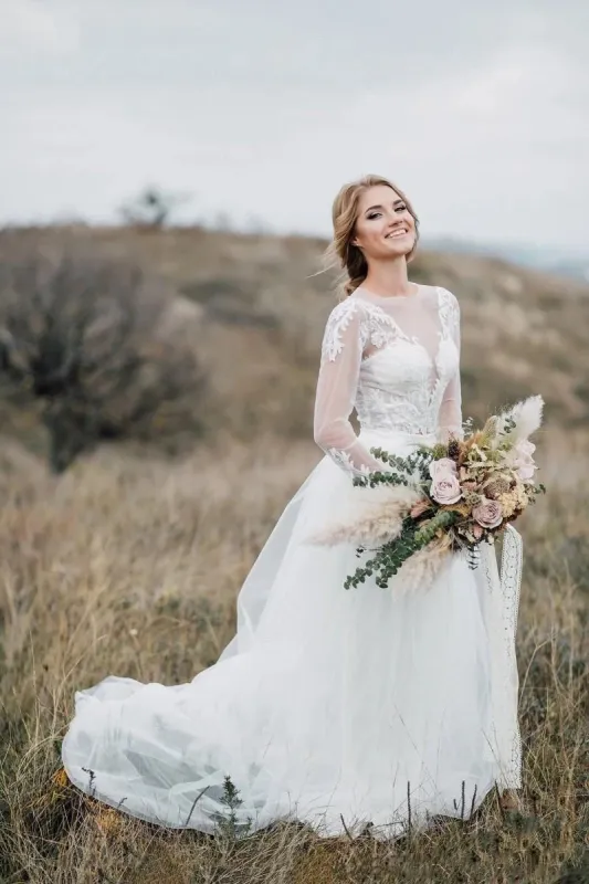Glamorous Bohemian Illusion Sleeves Lace Two Piece Court Train Wedding Dress sold by KissProm