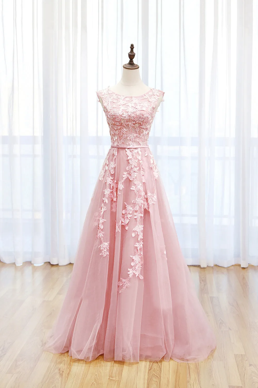 Irene | Pink Tulle Lace Long Prom Dress, Lovely A-Line Open Back Evening Dress sold by KissProm