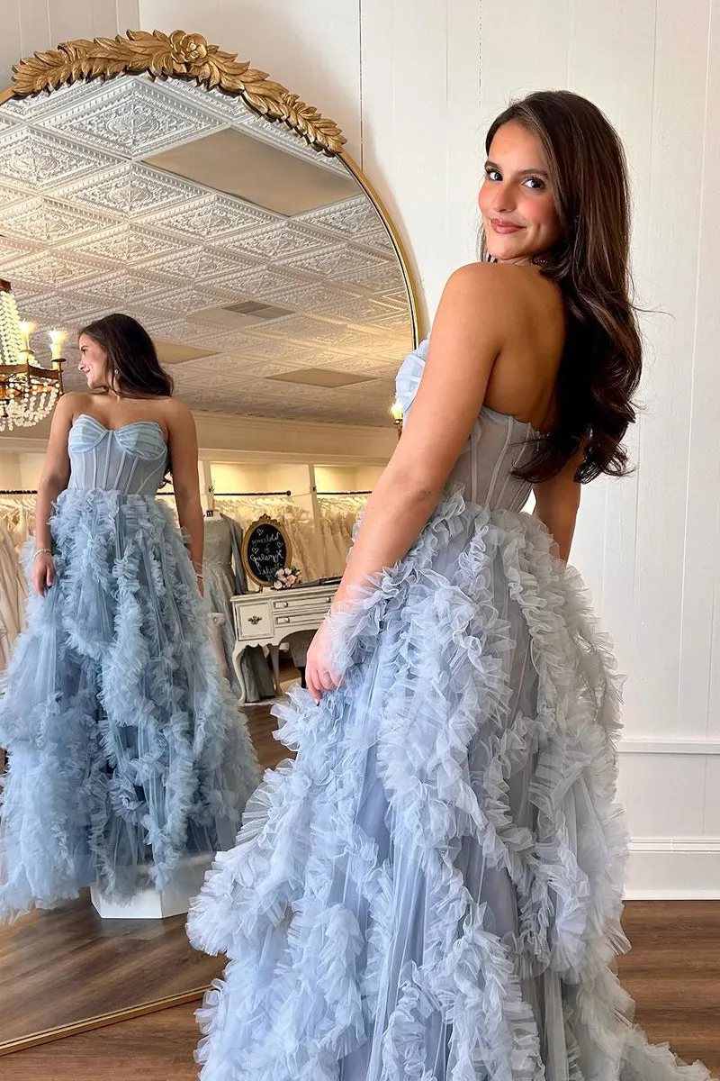 Blue Strapless Ruffle Tulle A-Line Long Prom Dresses with Slit sold by KissProm product image thumbnail 3