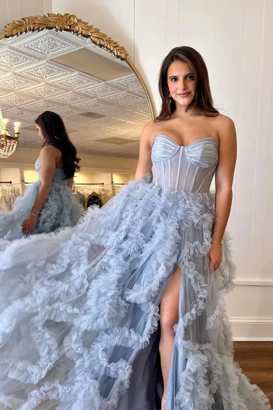 Blue Strapless Ruffle Tulle A-Line Long Prom Dresses with Slit sold by KissProm