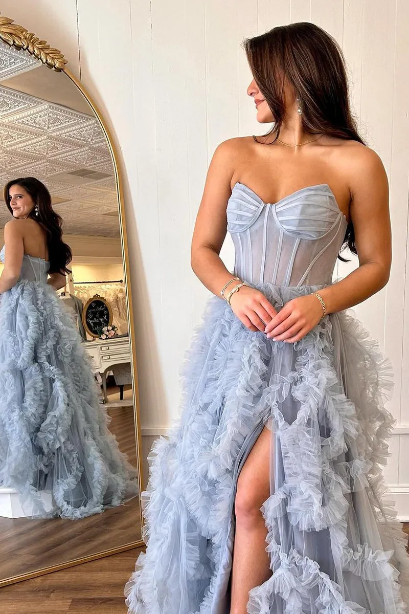 Blue Strapless Ruffle Tulle A-Line Long Prom Dresses with Slit sold by KissProm product image thumbnail 2