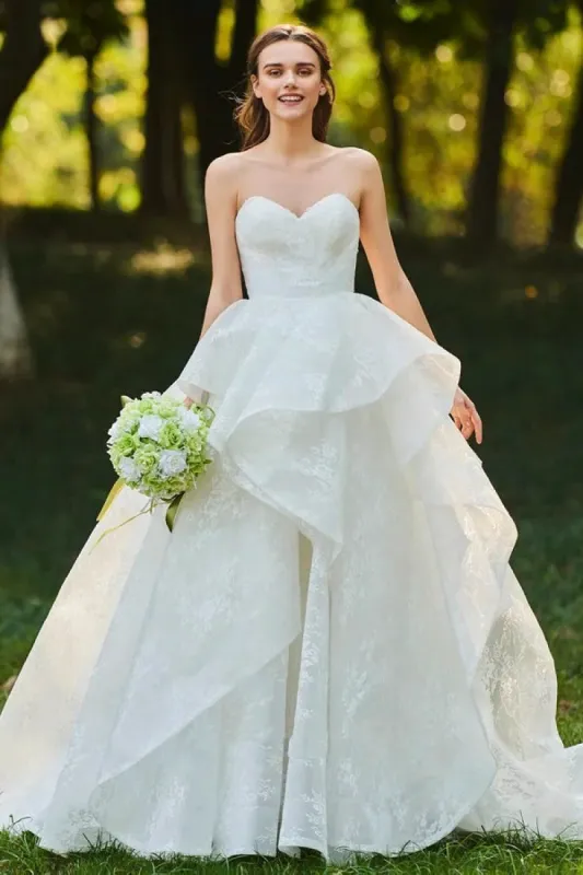 Runa | Lace Open Back Sweetheart Cascading Ruffles Sleeveless Bridal Ball Gown sold by KissProm