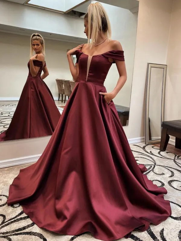 Dark Red A Line Off The Shoulder Long Prom Dress sold by KissProm