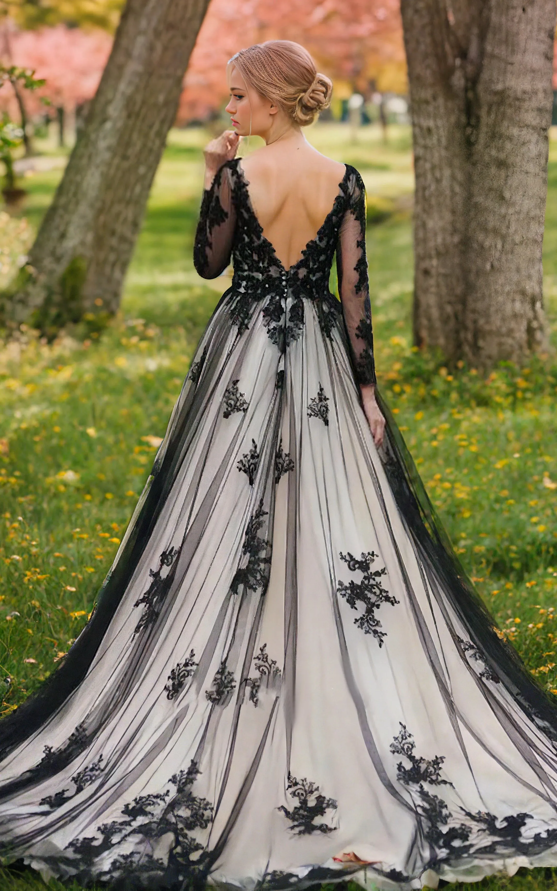 Non-Traditional Gothic Black and White Boho Lace Wedding Dress Flowy Forest Sleeved Backless Bridal Gown with Court Train sold by KissProm product image thumbnail 2