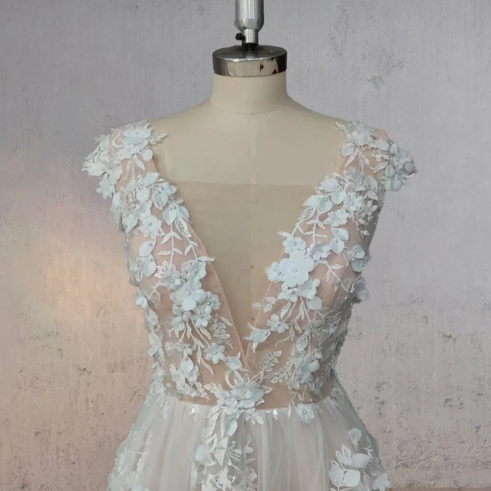 A-Line Champagne Floral 3D Lace Fantasy Wedding Dress sold by KissProm product image thumbnail 4