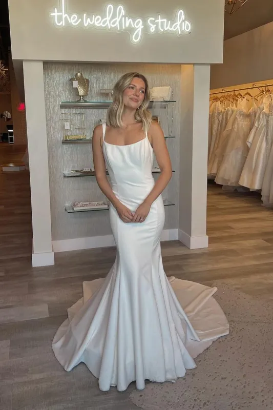 Simple Mermaid Scoop Neck Backless Satin Wedding Dresses sold by KissProm