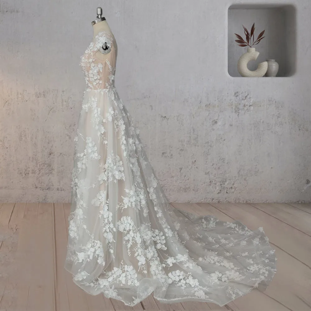 A-Line Champagne Floral 3D Lace Fantasy Wedding Dress sold by KissProm product image thumbnail 2